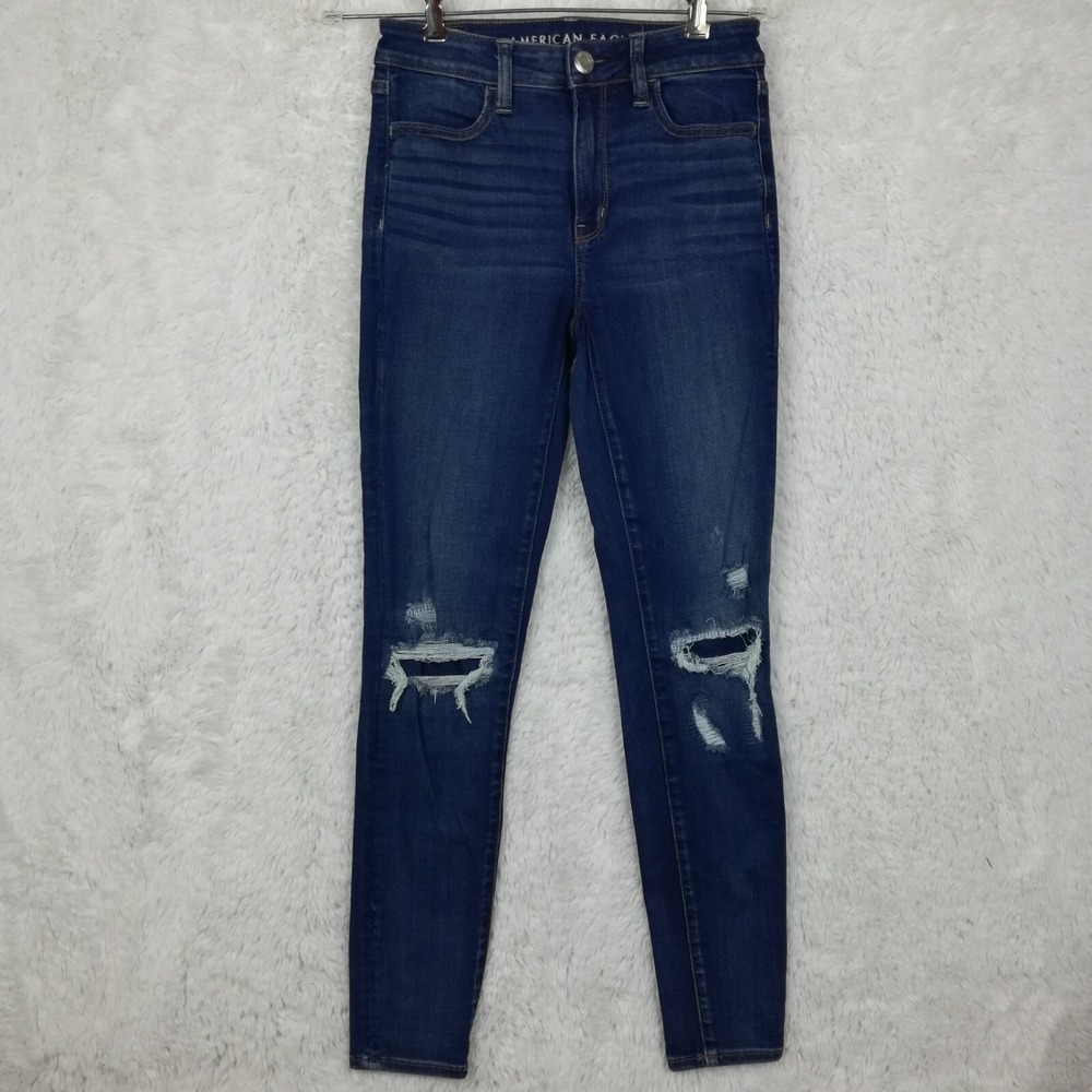 American Eagle Jeans Womens Jeggings Blue Distressed Ripped High Rise Long 6